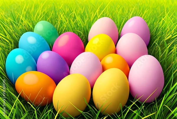 Fototapeta Colorful Easter eggs on green grass background with copyspace. Generative AI.