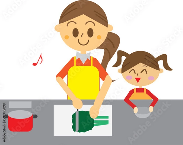 Fototapeta 台所で仲良く料理する親子・親子クッキング・食育・子育て