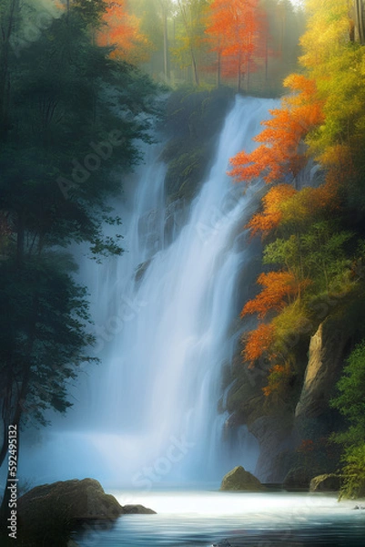 Obraz landscape of a waterfall in the forest in autumn, cascade, falls, illustration Generative AI