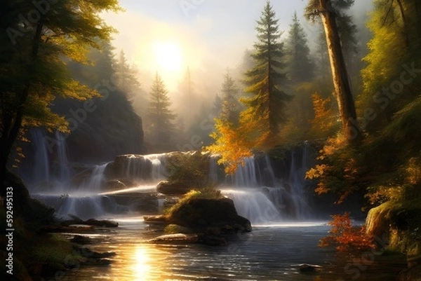 Obraz waterfalls, cascades, falls in autumn forest with sunbeams, sun, Generative AI illustration