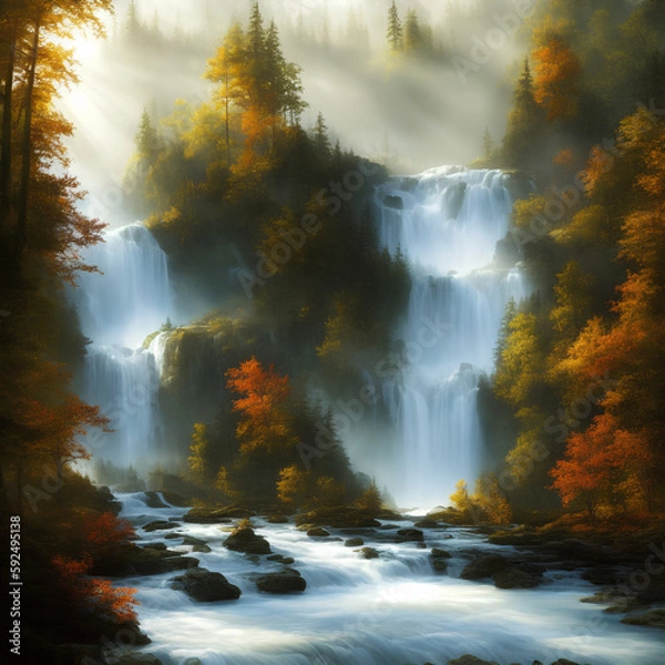 Obraz two waterfalls in a forest in autumn with fog, falls, cascades, Generative AI
