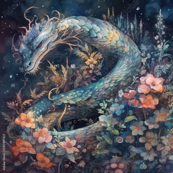 Fototapeta Watercolor illustration of a snake in the meadow with flowers Generative Ai