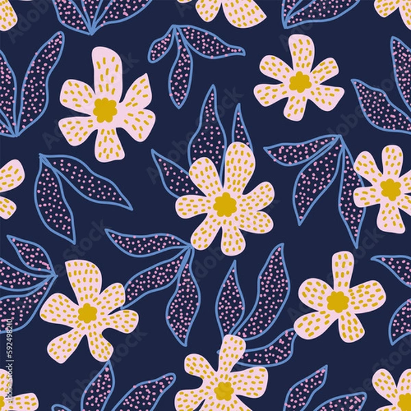 Fototapeta Abstract plants flat vector seamless pattern. Minimalistic foliage and branches texture. Beautiful botanical background. Colorful twigs and leaves. Floral wallpaper, textile, wrapping paper design.