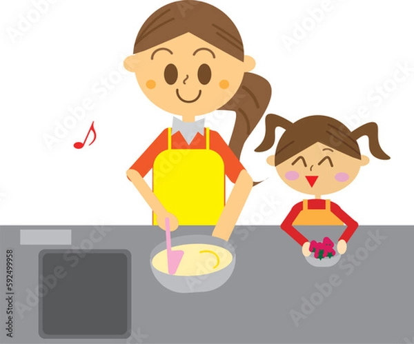 Obraz 誕生日や休日に仲良くケーキ作りをする母娘のイラスト・ケーキ作り・親子クッキング・食育