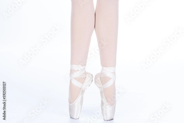 Fototapeta En Pointe CORRECT showing calves front on teachers perspective Close up of young female ballet dancer showing various classic ballet feet positions