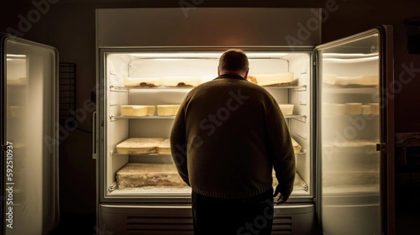 Fototapeta Single fat man from the back standing in front of the opened cooler. Generative AI.