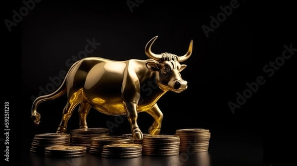 Obraz Golden bull figure on top of a staple of stacked coins as a symbol for bull market at the financial exchange. Generative AI.