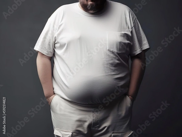 Fototapeta A mockup of a white t-shirt on a fat man posing created with generative ai technology
