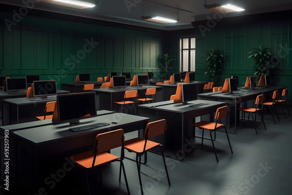 Fototapeta Room with several desks and chairs arranged in rows, Generative Ai
