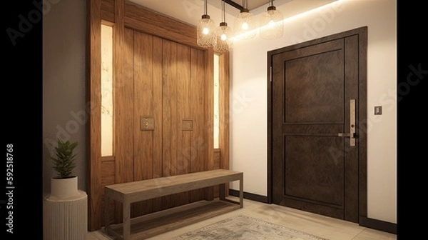 Fototapeta Modern wooden entrance door for the natural effect so you always come home warmly. Generative AI Technology 