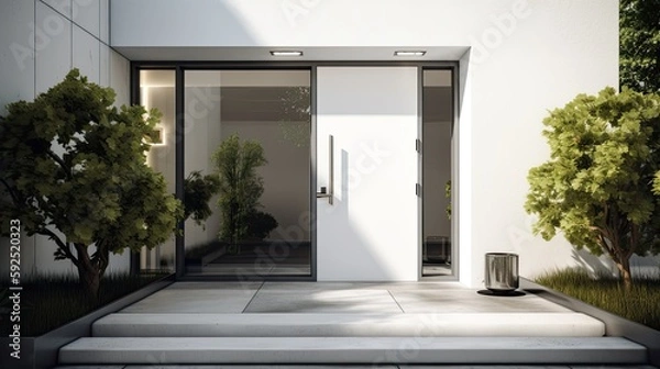Fototapeta White wooden entrance door for a clean and luxurious effect to be the envy of everyone. Generative AI Technology 