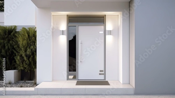 Fototapeta White wooden entrance door for a clean and luxurious effect to be the envy of everyone. Generative AI Technology 