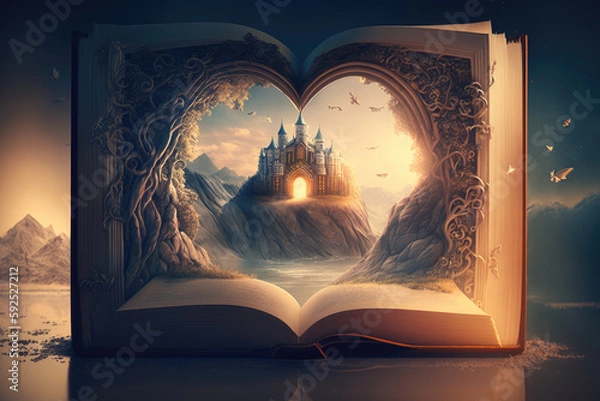 Obraz Magic Book. Open Book. Fairy tale and stories book. Fairyland book with a magical castle. Fantastic reading world. Reading and imagination concept