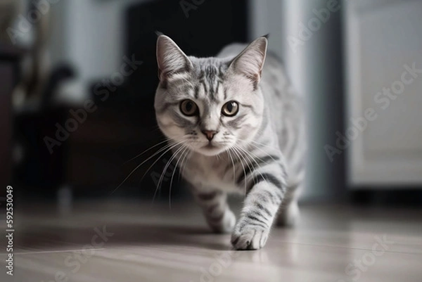 Obraz Cute Cat Running in Home Background. Pet Animal in House Room