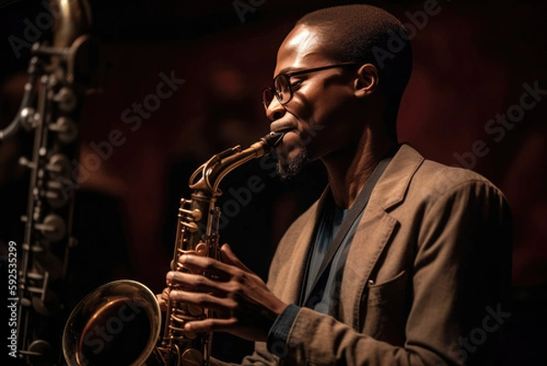 Fototapeta A black jazz artist playing the saxophone on stage. Generate AI