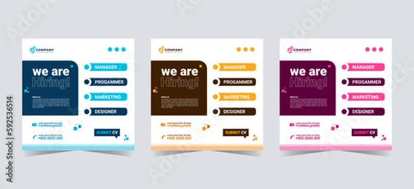 Fototapeta 3 set poster for we are hiring. Ads employees needed. Social media template job vacancy recruitment. Modern banner vector illustration . EDITABLE TEXT