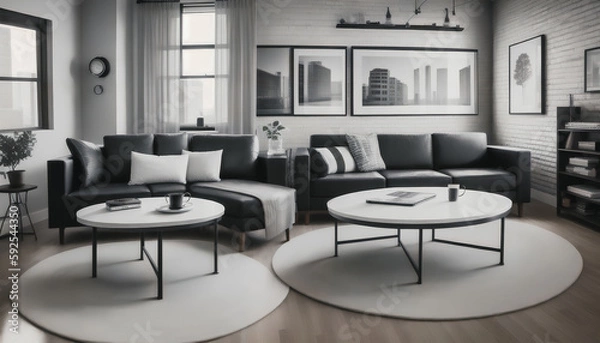 Fototapeta A modern architecture. A living room with a large sofa and modern furniture in shades of gray. Generative AI