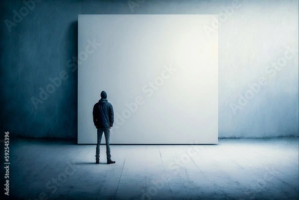 Fototapeta Homme debout face à un tableau blanc sur un mur blanc - Générative IA