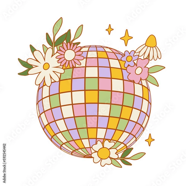 Fototapeta Retro 70s Groovy Hippie disco ball. Funky illustration in vintage hippy style. Vector illustration isolated on a white background