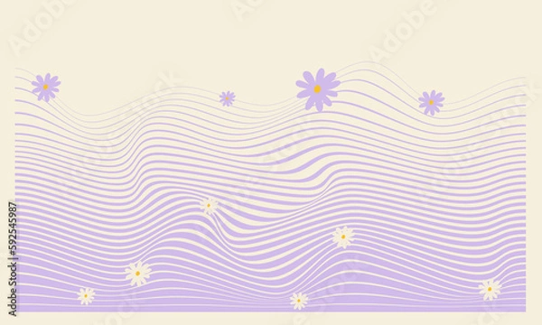 Fototapeta Vintage groovy pastel retro background with flowers. Cute colorful trendy vector illustration in style 70s, 80s.