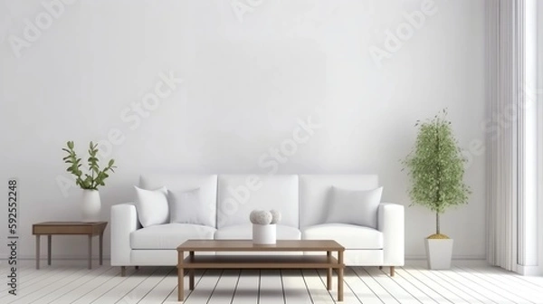 Fototapeta Withe sofa and wooden coffee table. Clean wall, minimalist. White color. IA generativ