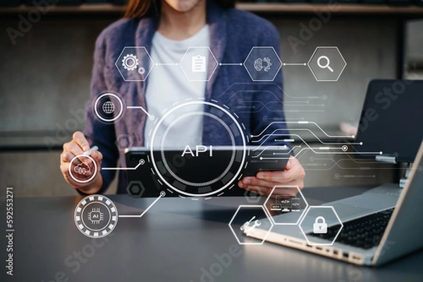 Fototapeta API Application Programming Interface, woman using laptop, tablet and smartphone with virtual screen API icon Software development tool, modern technology concept..
