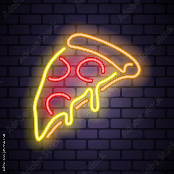 Fototapeta Pizza neon icon on dark brick background. Editable stroke and blend.