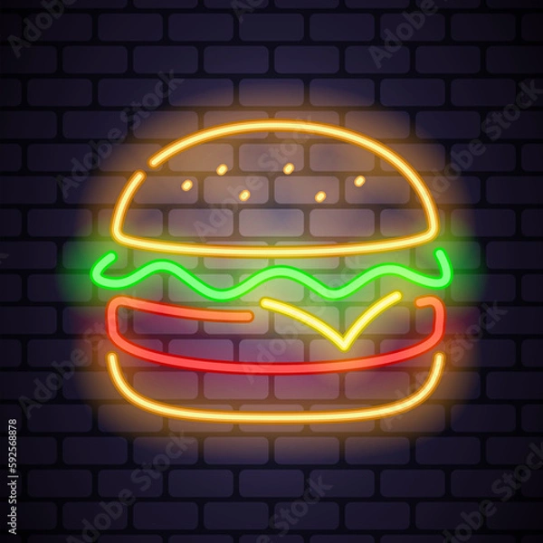 Fototapeta Burger neon icon on dark brick background. Editable stroke and blend.