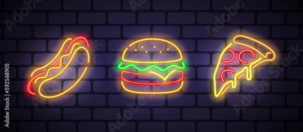 Fototapeta Pizza, hot dog and burger neon icons on dark brick background. Editable stroke and blend.