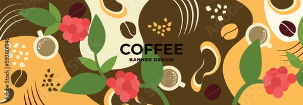 Fototapeta Coffee banner design. Vector drawing, coffee grains and coffee tree. Banner mockup, print for fabric, card, poster. Design elements.