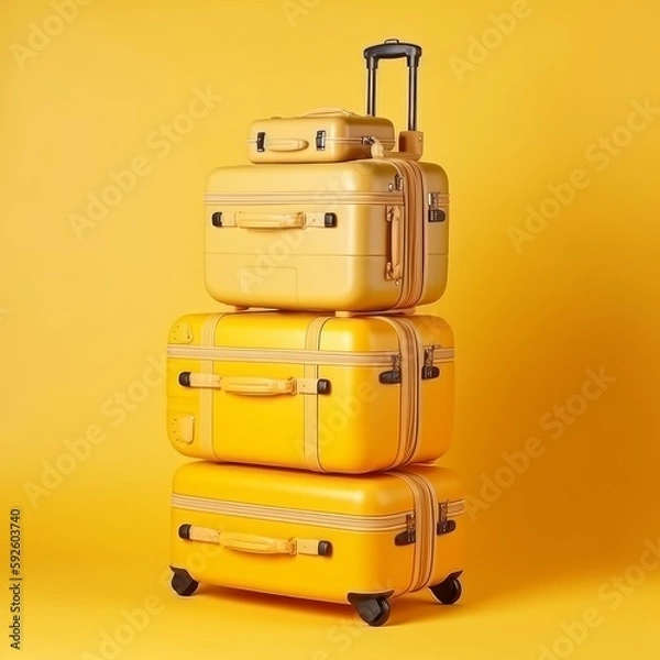 Fototapeta Vacation and travel - luggage on yellow background, Generative AI
