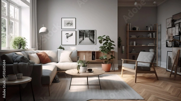 Fototapeta modern living room designed with IKEA furniture and accessories. The room a minimalist theme with a neutral color palette