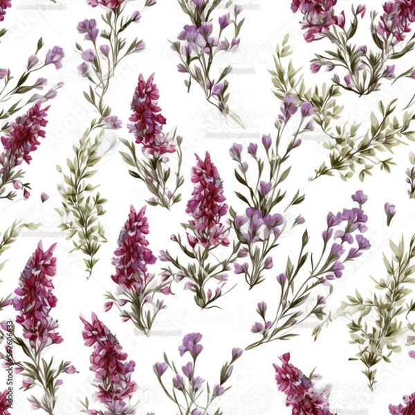 Fototapeta White background with beautiful heather flowers. Generative AI.