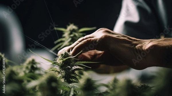 Fototapeta Skilled Hands Trimming Cannabis Plant in a Modern Light Industrial Indoor Marijuana Farm - High-Quality Stock Image Capturing the Art of Cannabis Cultivation and Processing for Medical and Recreationa
