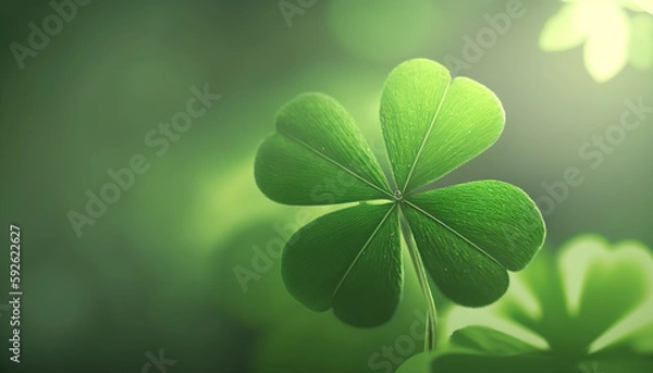 Obraz Lucky green four leaf clover, st. Patrick's day background with copy space. Horizontal greeting banner template. AI generative image.