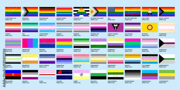 Obraz LGBT sexual identity pride flags gender collection. Flag of gay, lesbian, transgender, bisexual. Vector Illustration