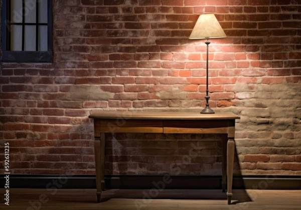 Fototapeta Rustic Charm A Moody Wooden Table Top Against a Distinct Brick Wall