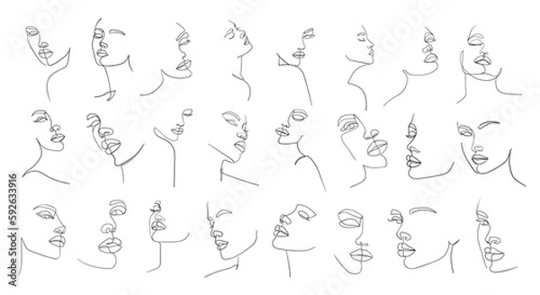 Fototapeta Set of portraits. Simple, minimalist vector illustration of beautiful woman face. Line drawing.