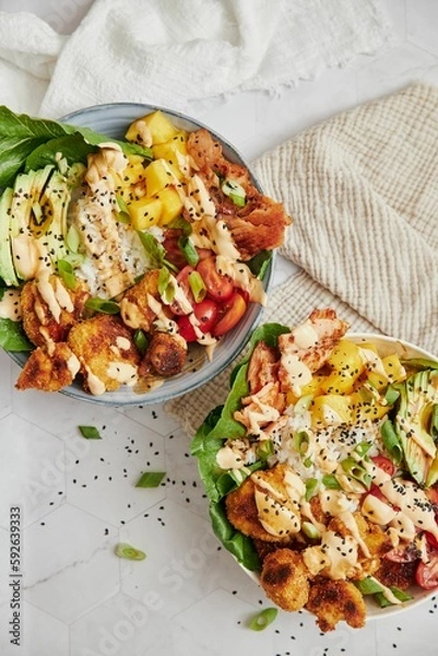 Fototapeta Closeup of healthy salad with vegetables and sauce