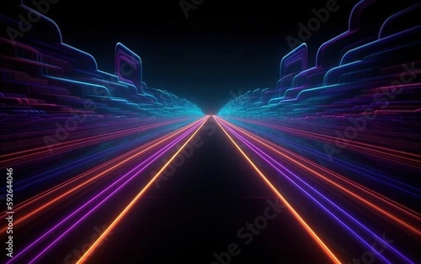 Fototapeta 3d rendering neon lines glowing in the dark. Abstract minimalist geometric background. Ultraviolet color spectrum. Futuristic city buildings, cyberspace, matrix. 