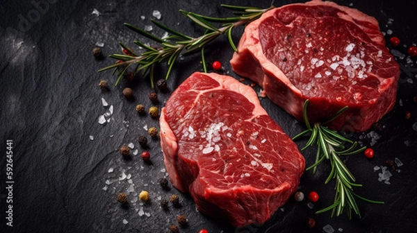 Fototapeta A Feast for the Eyes: A Raw Steak on a Dark Stone Background with Copyspace for Your Text. Ai generated Art. Food Concept Art with lots of Copyspace for your Food Art. Delicous Delight.