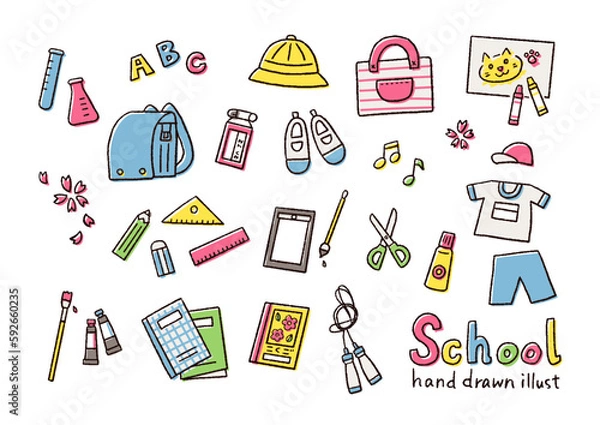Fototapeta 学校生活で使う道具のシンプルな手描きベクター線画イラスト