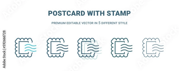Fototapeta postcard with stamp icon in 5 different style. Outline, filled, two color, thin postcard with stamp icon isolated on white background. Editable vector can be used web and mobile