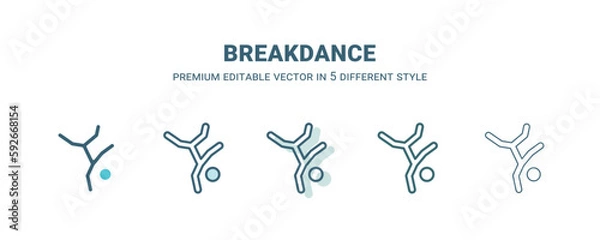 Fototapeta breakdance icon in 5 different style. Outline, filled, two color, thin breakdance icon isolated on white background. Editable vector can be used web and mobile