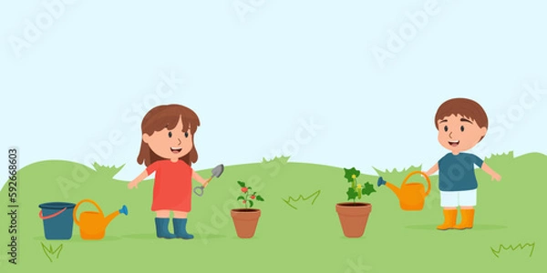 Fototapeta The children planted tomatoes and cucumbers. A boy and a girl in the garden. vector illustration in a flat cartoon style