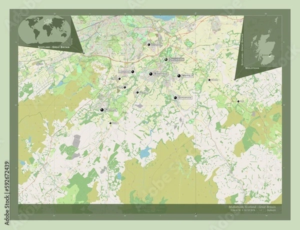 Obraz Midlothian, Scotland - Great Britain. OSM. Labelled points of cities