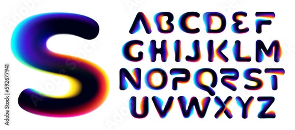 Obraz Alphabet set with neon glitch. Multicolor gradient signs with double exposure and illusion effect. Glowing color shift vector icon.