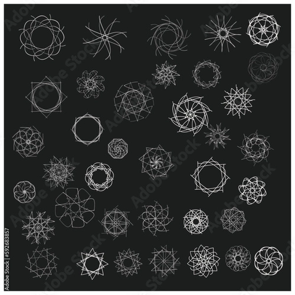 Fototapeta hand drawn, symbol icon flower circle star doodle snowflakes geometric line art , black background