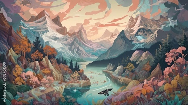 Fototapeta Illustration of a natural landscape mountains and a river in the summer. Generative AI.