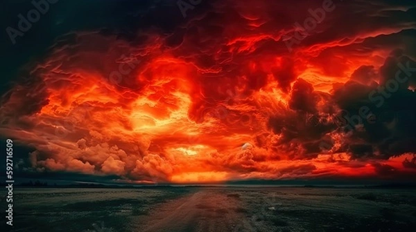 Obraz Abstract dark red background. Dramatic red sky. Red sunset with clouds. Fantastic sunset background with copy space for design. Halloween, armageddon, apocalypse, end of the world concept
